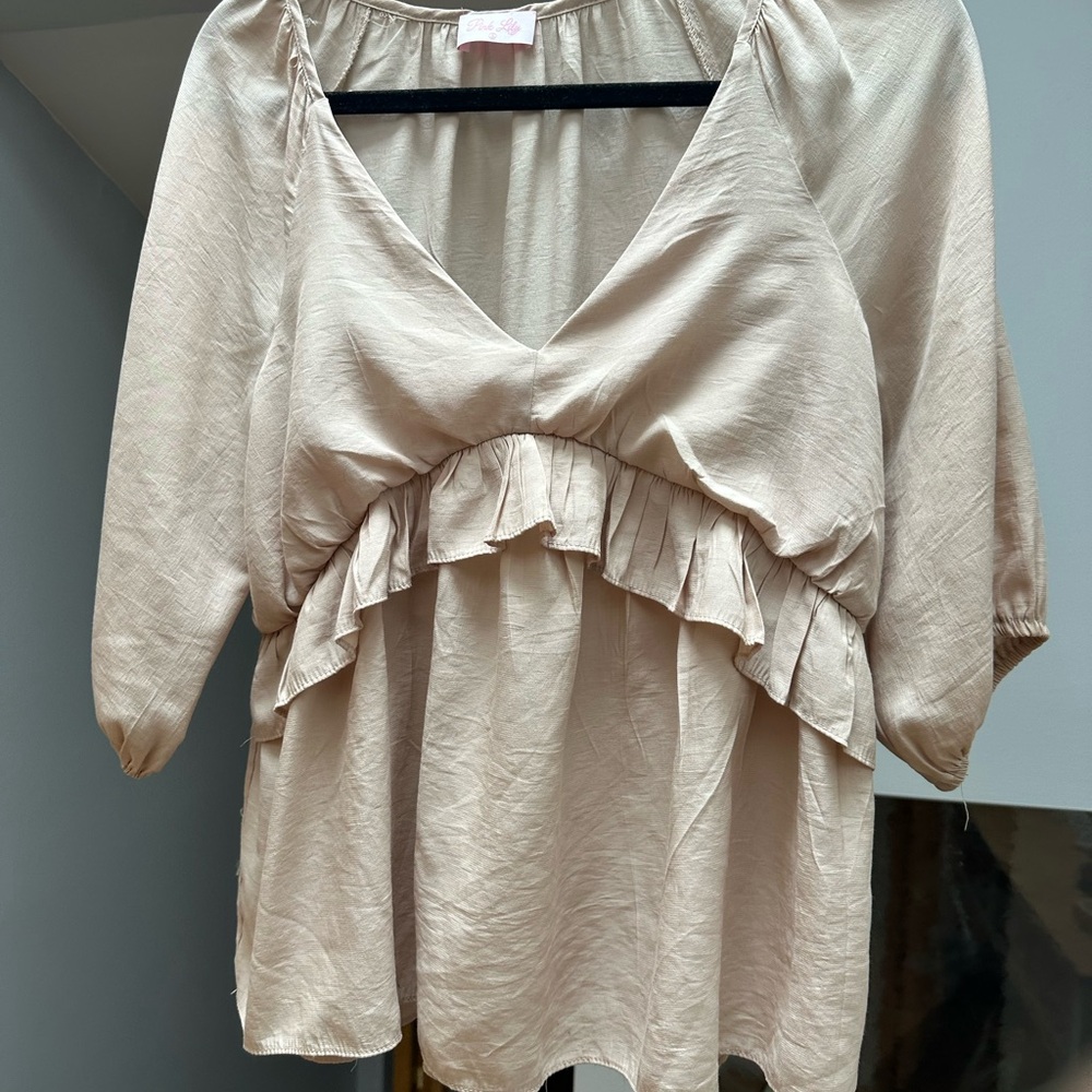 Pink Lily Beige Ruffle Blouse
